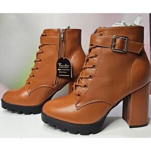 London Rag Graham Women's Lace Up Heeled Platform Booties Tan Size 8 NWT